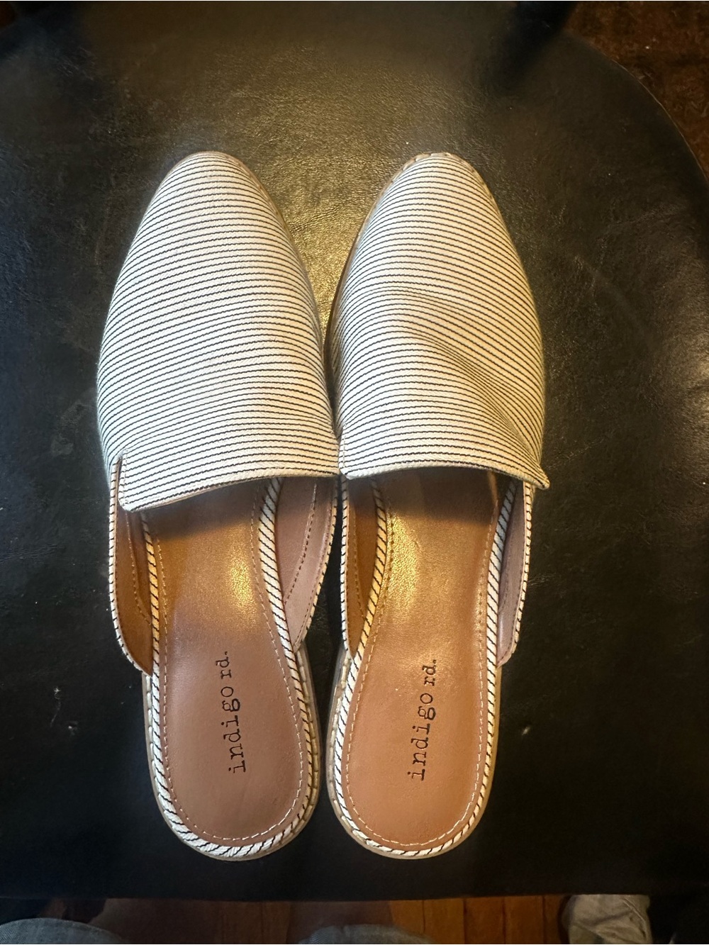 Indigo Striped Slip-On Mules in Cream and Black
